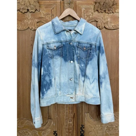 Large Distressed Denim Jacket Sacred Heart Folk Art Boho